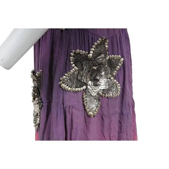Balmain Womens Sun Maxi Long Dress Small Purple Tie Dye Silk Star  Embroidered